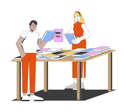 Verschiedene männliche und weibliche Besucher der Buchmesse wählen Bücher aus  Illustration