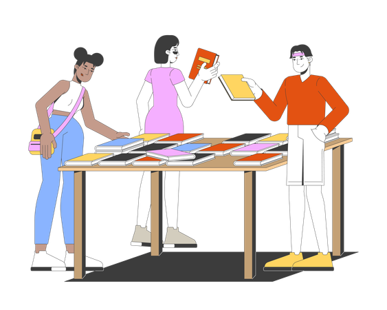 Besucher verschiedener Buchhandlungen stöbern in Büchern auf dem Ausstellungstisch  Illustration