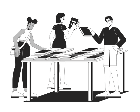 Besucher verschiedener Buchhandlungen stöbern in Büchern auf dem Ausstellungstisch  Illustration