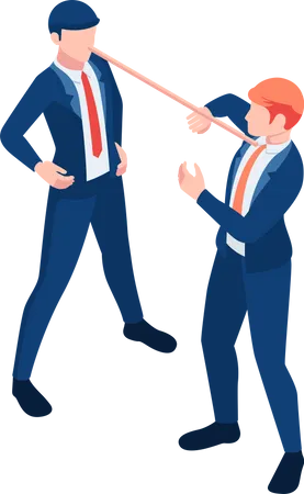 Flat 3 D Isometric Liar Businessman With Long Nose Speaking Lies To Partner Dishonest Behavior And Business Liar Concept Illustration