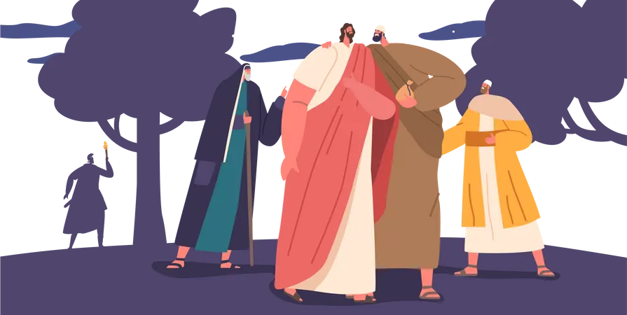 Betrayal By A Trusted Friend Infamous Act Of Judas Iscariot Kissing Jesus In The Garden Of Gethsemane Leading To The Crucifixion Biblical Scene With Characters Cartoon People Vector Illustration Illustration