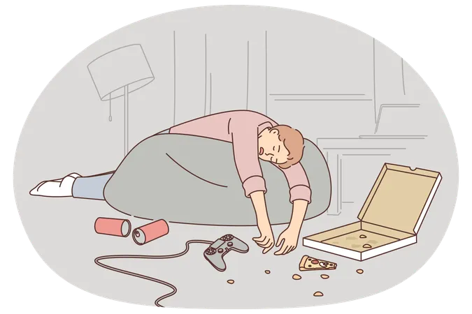 Betrunkener schläft in schmutziger Wohnung in der Nähe eines Joysticks mit verstreuten Pizza- und Bierdosen  Illustration