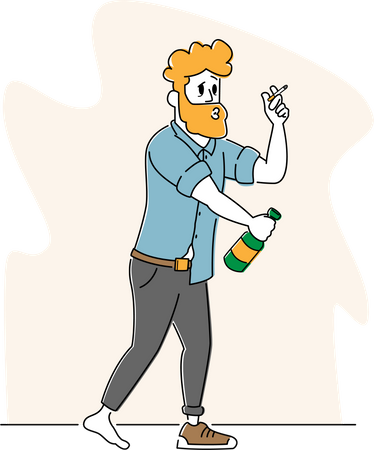 Betrunkener, schmieriger Mann in einem Schuh und schlampiger Kleidung, Alkohol- und Rauchsucht  Illustration