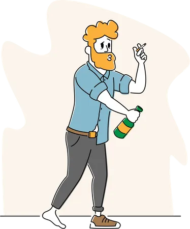 Betrunkener, schmieriger Mann in einem Schuh und schlampiger Kleidung, Alkohol- und Rauchsucht  Illustration