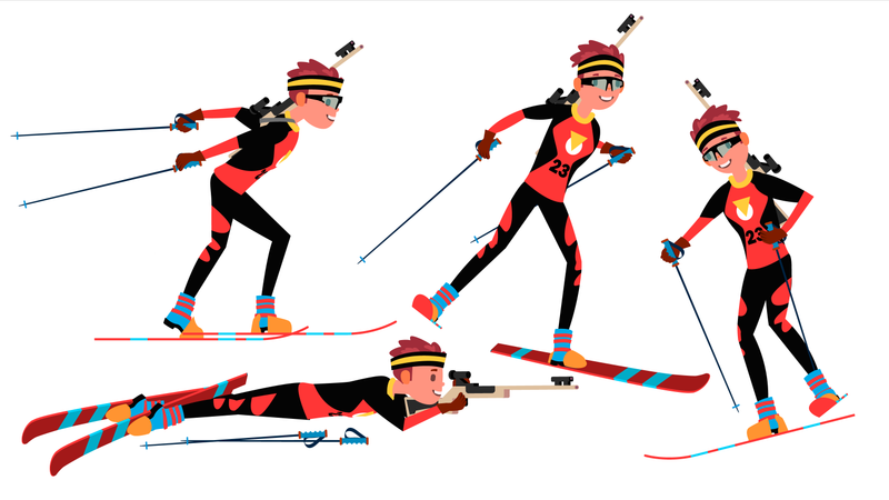 Biathlon giocatore maschio vettore. Giocando in diverse pose. Atleta uomo. Pistola per fucile. Partecipante al concorso. Tiro. Isolato sull'illustrazione bianca del personaggio dei cartoni animati  Illustration