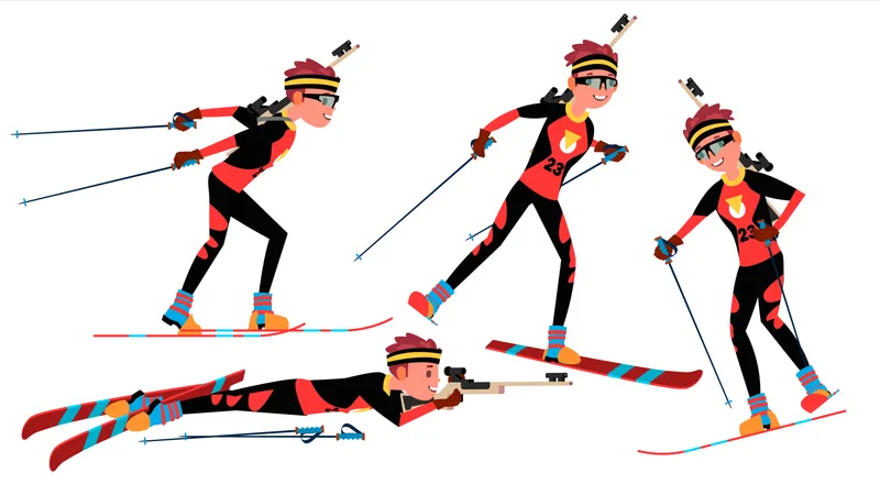 Biathlon giocatore maschio vettore. Giocando in diverse pose. Atleta uomo. Pistola per fucile. Partecipante al concorso. Tiro. Isolato sull'illustrazione bianca del personaggio dei cartoni animati  Illustration