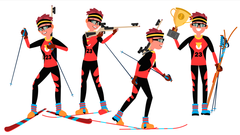 Biathlon, Junger Mann, Spieler, Vector., Man., Schießen, Range., Zielen, Mit, Konkurrenzfähig, Gun., Flache, Athlet, Karikatur, Abbildung  Illustration