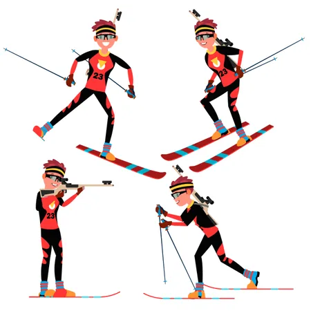 Biathlon Male Player Vector. In Action. Sportsman In Ski Biathlon Competition. Sporting Equipment. Cartoon Character Illustration Illustration