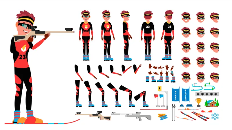 Biathlon Player Male Vector. Animated Character Creation Set. Man Full Length, Front, Side, Back View, Accessories, Poses, Face Emotions, Gestures. Isolated Flat Cartoon Illustration  Illustration