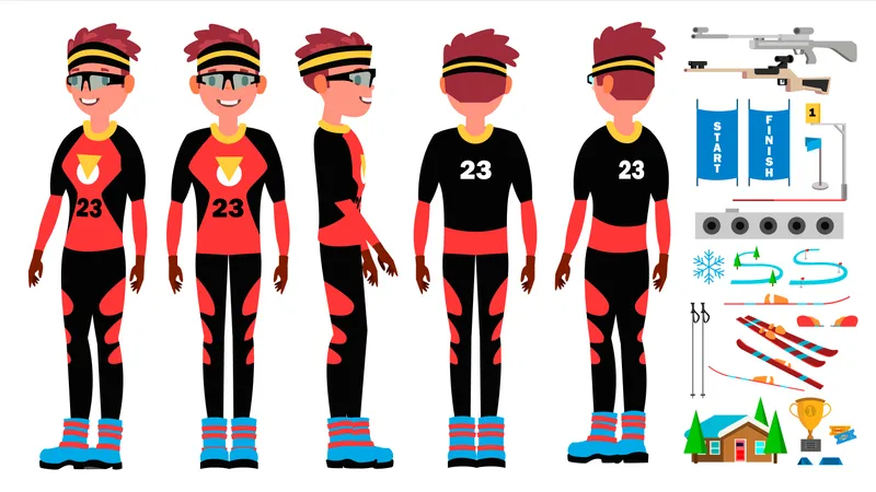 Biathlon Player Male Vector. Ski Race Skier Athlete. Ski Tracks. Winter Games. Isolated Flat Cartoon Character Illustration  Illustration