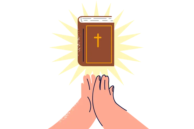 Bible With Rays Of Light Near Hands Of Praying Man Who Professes Christian Religion And Reads Catholic Or Orthodox Literature Bible Book With Crucifix On Cover Allows Believer To Become Closer To God Illustration