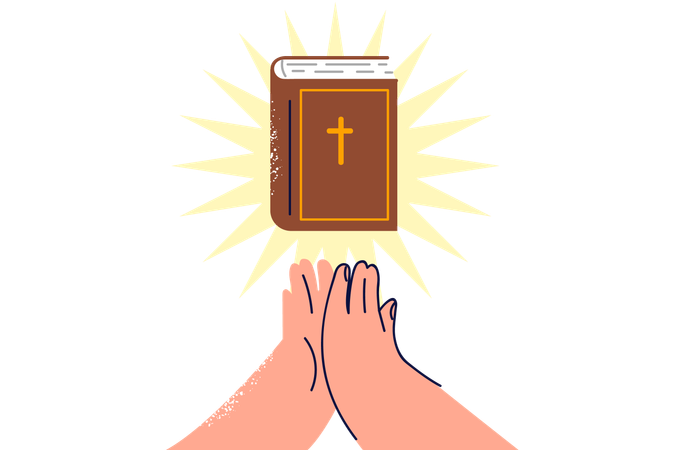 Bible with rays of light near hands of praying man who professes christian religion  Illustration