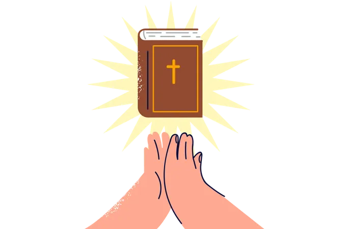 Bible with rays of light near hands of praying man who professes christian religion  Illustration