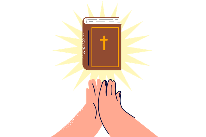 Bíblia perto das mãos do homem de oração  Ilustração