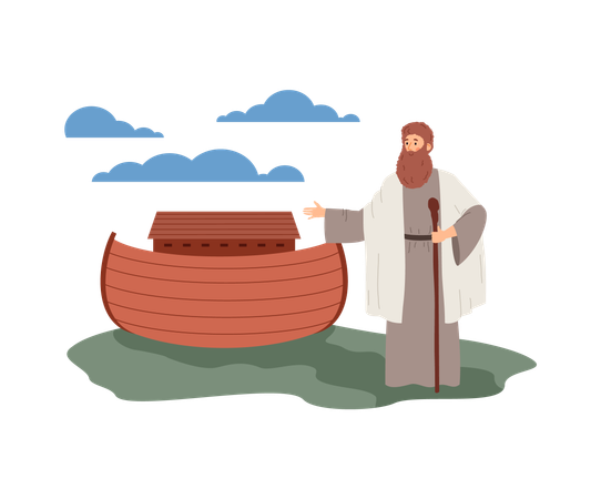 Biblical flood with Noah standing near ark  Illustration