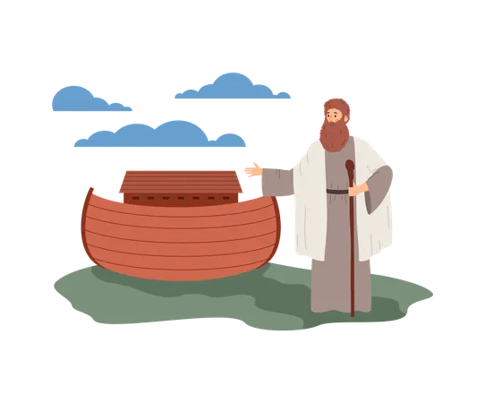 Biblical flood with Noah standing near ark  Illustration