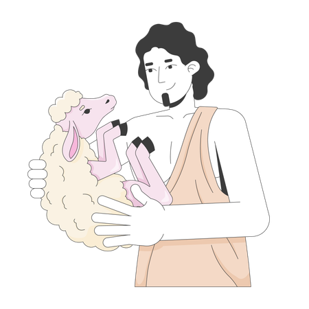 Biblical shepherd tenderly cradling lamb in arms  Illustration