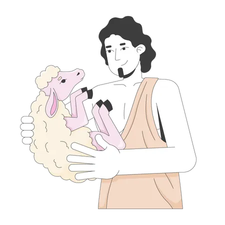 Biblical shepherd tenderly cradling lamb in arms  Illustration