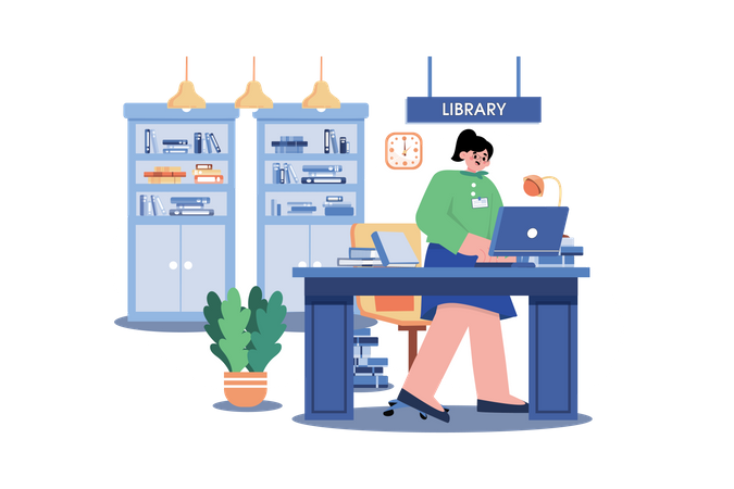 Bibliotecaria trabajando en la biblioteca  Ilustración
