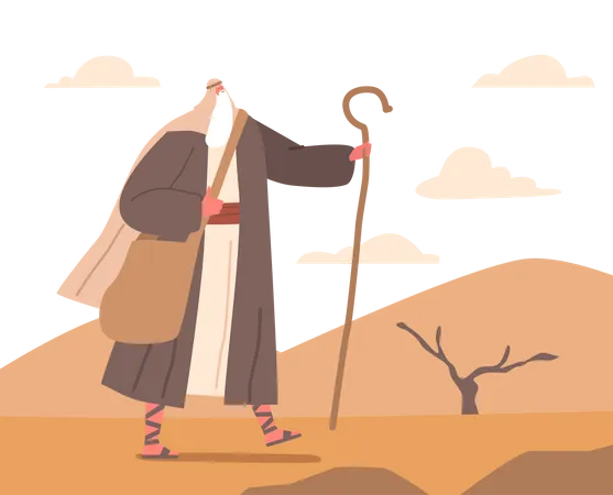 Der biblische Moses steht hoch erhoben in der Wüste und hält einen Stab  Illustration