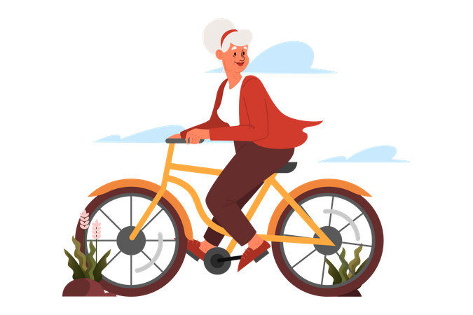 Mulher sênior andando de bicicleta  Ilustração