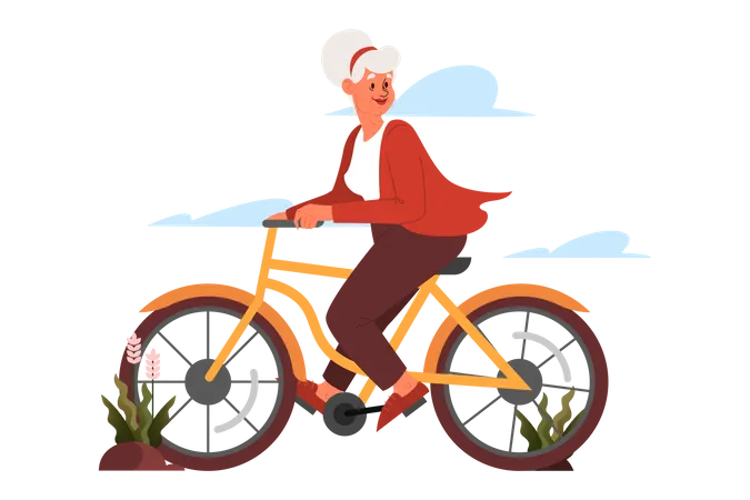 Mulher sênior andando de bicicleta  Ilustração