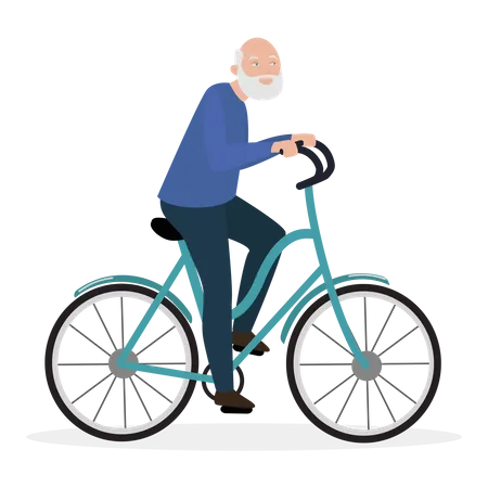 Homem sênior andando de bicicleta  Ilustração