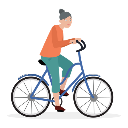 Mulher sênior andando de bicicleta  Ilustração