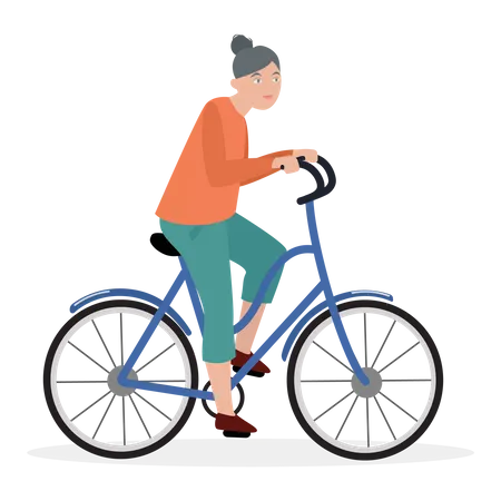 Mulher sênior andando de bicicleta  Ilustração