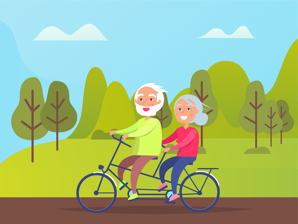 Casal de idosos andando de bicicleta  Ilustração
