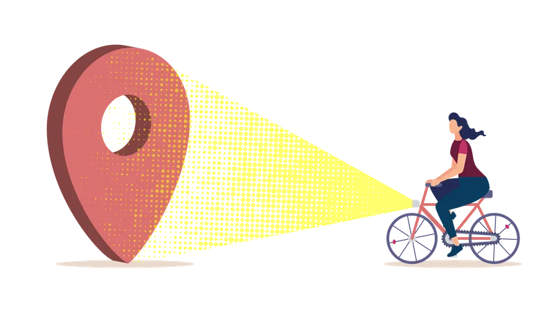 Turismo En Bicicleta Planificacion De Viajes Navegacion Urbana Y Cartografia Concepto De Vector Plano Con Una Mujer Montando En Bicicleta Colocando El Haz De Luz En La Ubicacion Ilustracion De Signo De Punto De Control Sobre Fondo Blanco Ilustración