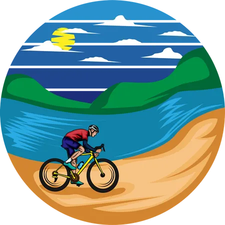 Bicycle In Beach Retro Design Landscape Illustration