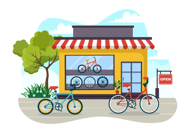 Bike Shop Vector Illustration With Shoppers People Choosing Cycles Accessories Or Gear Equipment For Riding In Flat Cartoon Background Design Illustration