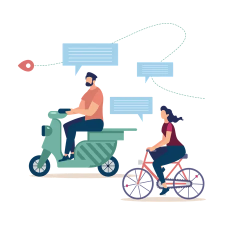 Bicycle Tourism, Traveling on Scooter  Illustration