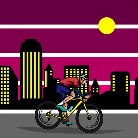 Bicycling At Night Retro Design Landscape Illustration