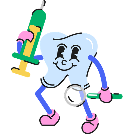 Caractère de dents debout avec une seringue et une loupe à deux mains  Illustration