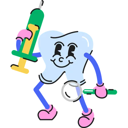 Caractère de dents debout avec une seringue et une loupe à deux mains  Illustration