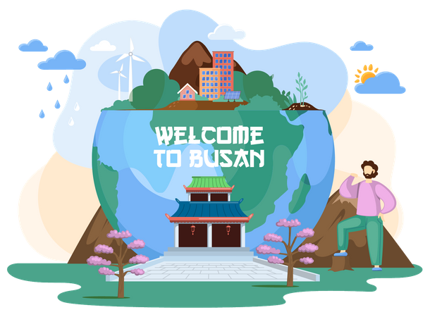 Bienvenido al turista de Busan.  Ilustración
