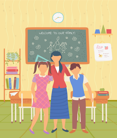 Bienvenido al maestro de escuela y a los alumnos en el aula.  Ilustración