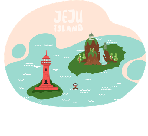 Bienvenidos a la isla de Jeju en Corea del Sur, lugares de interés de Jeju  Illustration