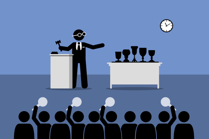 Bieter bieten beim Auktionator auf Antiquitäten  Illustration