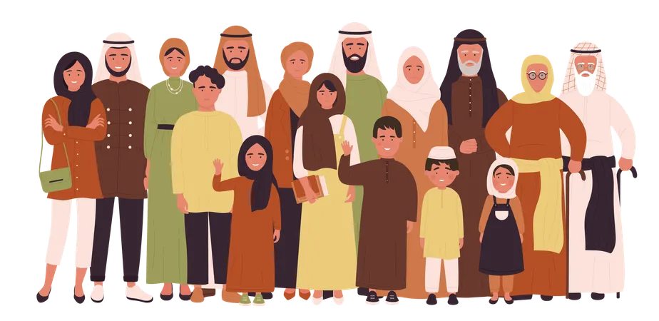 Big arab modern family standing together  Illustration
