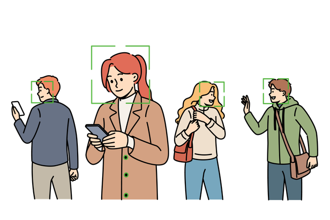 Big brother monitors people and identifies individuals using cameras and biometric facial recognition  Illustration