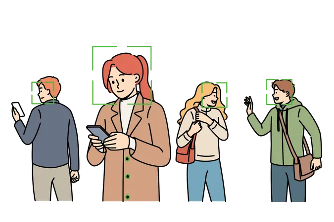 Big brother monitors people and identifies individuals using cameras and biometric facial recognition  Illustration