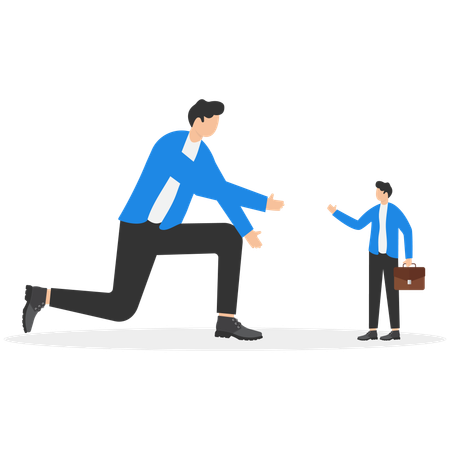 Big businessman sitting down to shake hand with small businessman  Illustration
