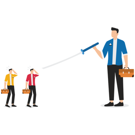 Big businessmen pointing swords at small businessmen and making threats  Illustration