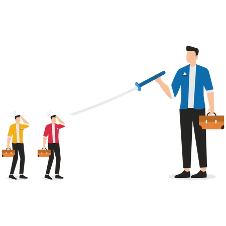 Big businessmen pointing swords at small businessmen and making threats  Illustration