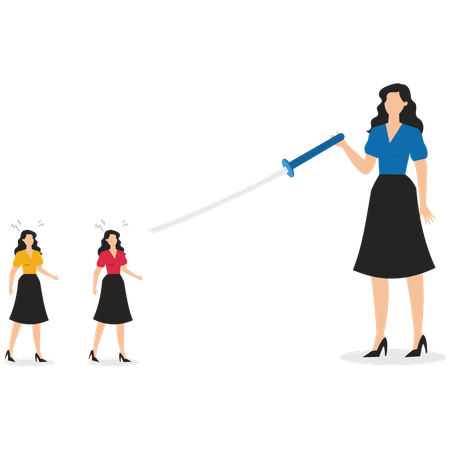 Big businesswomen pointing swords at small businesswomen and making threats  Illustration