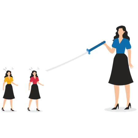 Big businesswomen pointing swords at small businesswomen and making threats  Illustration