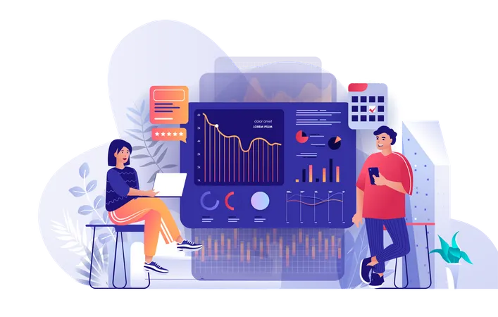 Big Data Analysis Scene Man And Woman Analyzing Charts Diagram And Graphs At Dashboard Business Strategy And Analytics Management Concept Vector Illustration Of People Characters In Flat Design Illustration